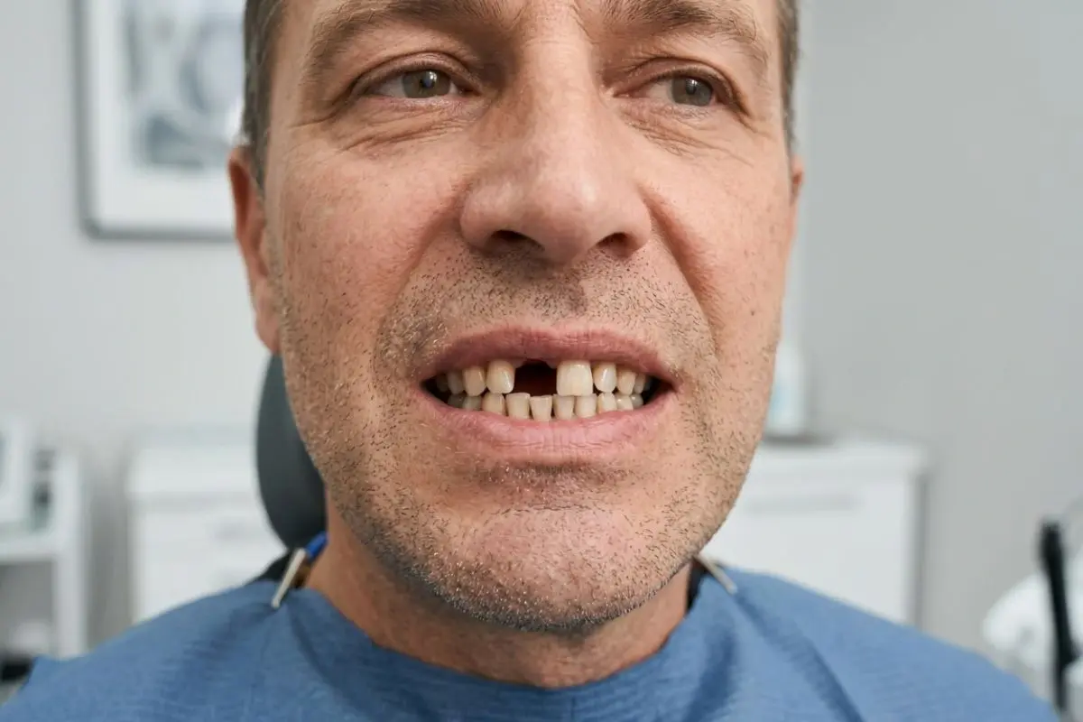 Paciente antes de implantes dentales en Medellín con pérdida dental y uso de prótesis removible