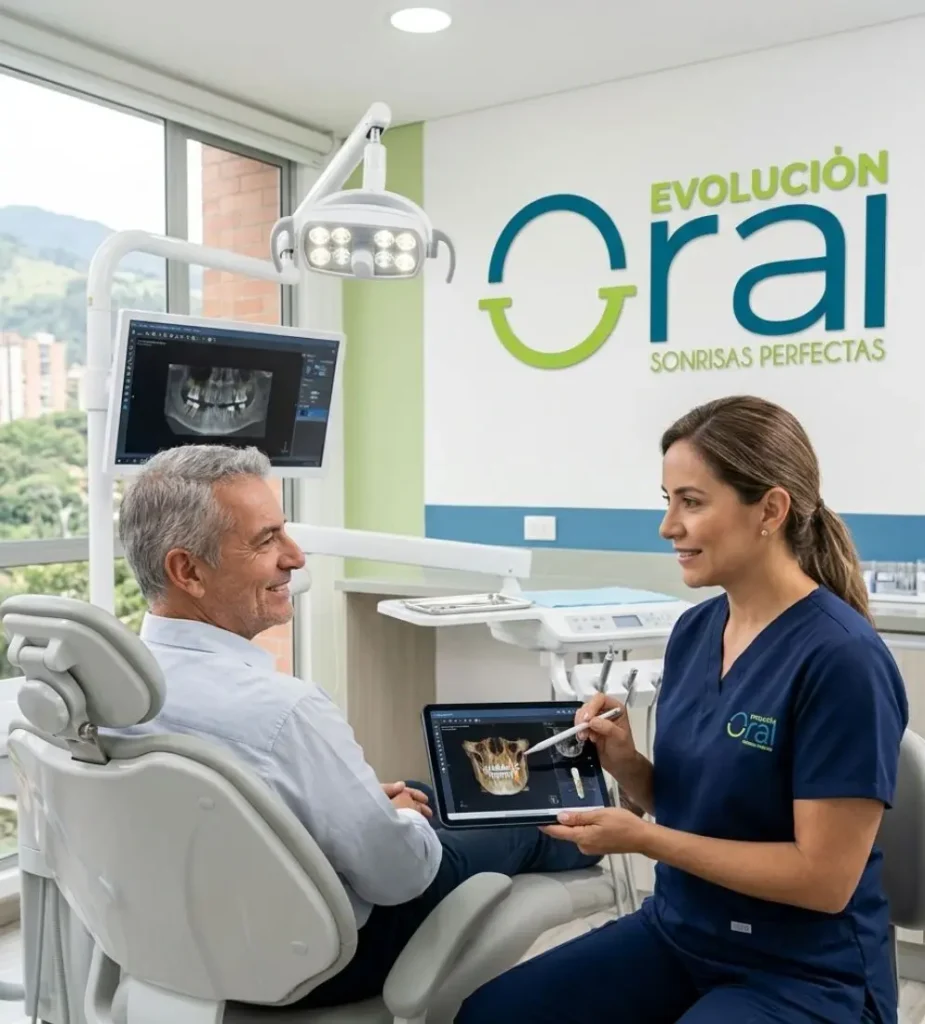 Especialista en clínica de implantes dentales en Medellín atendiendo paciente adulto en Evolución Oral