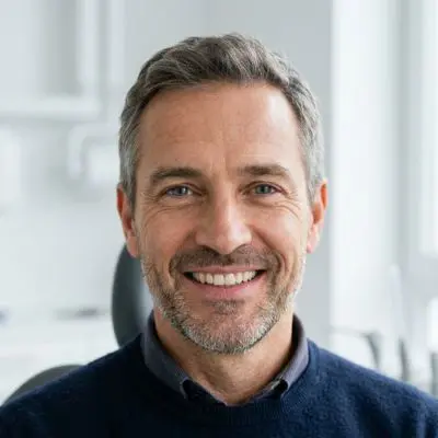 Paciente Carlos Ríos con sonrisa natural después de colocación de dientes fijos sobre implantes en Medellín