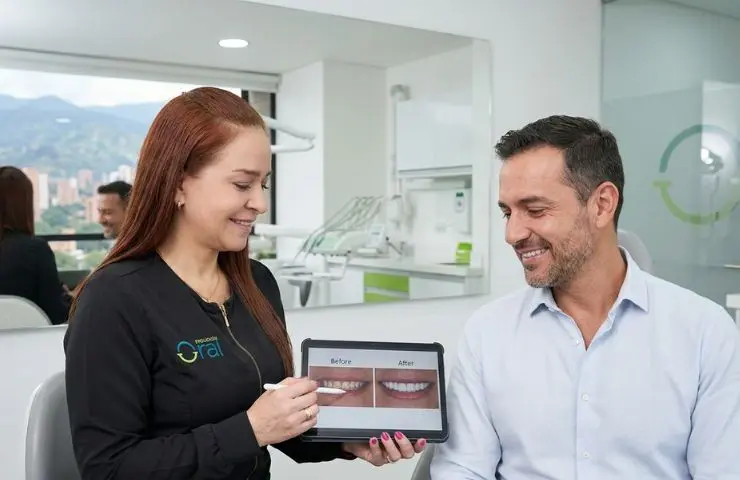 Especialista en diseño de sonrisa en Medellín mostrando resultado natural a paciente Evolución Oral