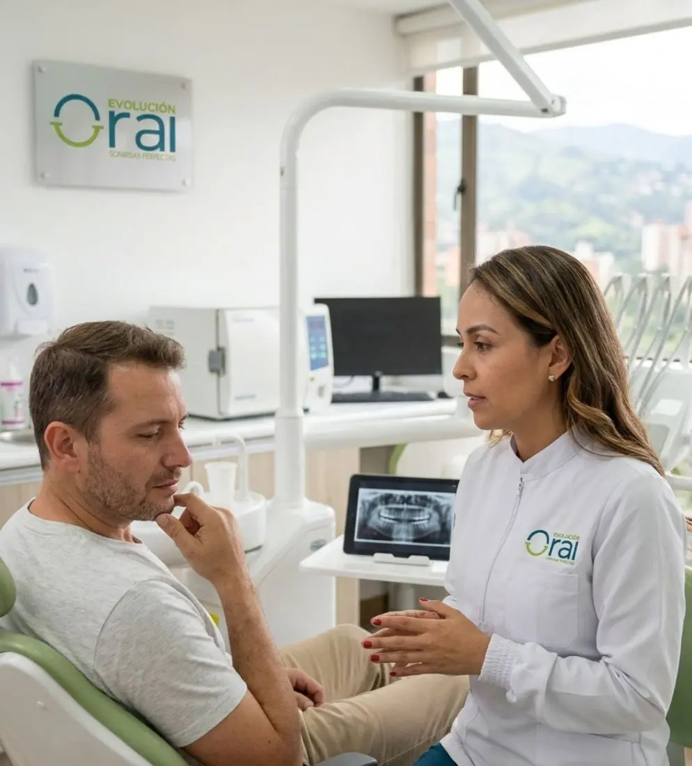 Paciente con dudas sobre su sonrisa en consulta con especialista dental en Medellín Evolución Oral