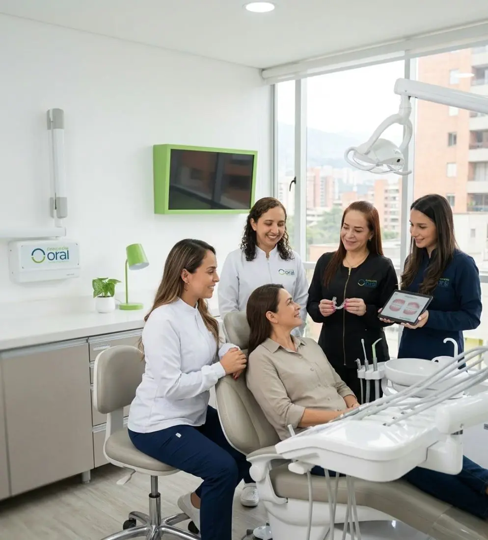 Equipo de doctoras atendiendo paciente en clínica dental Evolución Oral en Medellín con atención profesional personalizada