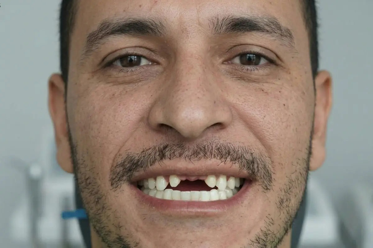 Paciente antes del tratamiento de implantes dentales en Medellín mostrando ausencia de dientes frontales superiores