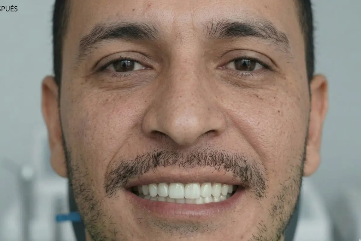 Paciente después del tratamiento de implantes dentales en Medellín mostrando restauración dental natural en dientes frontales