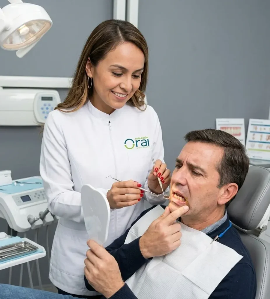 Doctora evaluando paciente con signos de sarro antes de limpieza dental profesional en Medellín