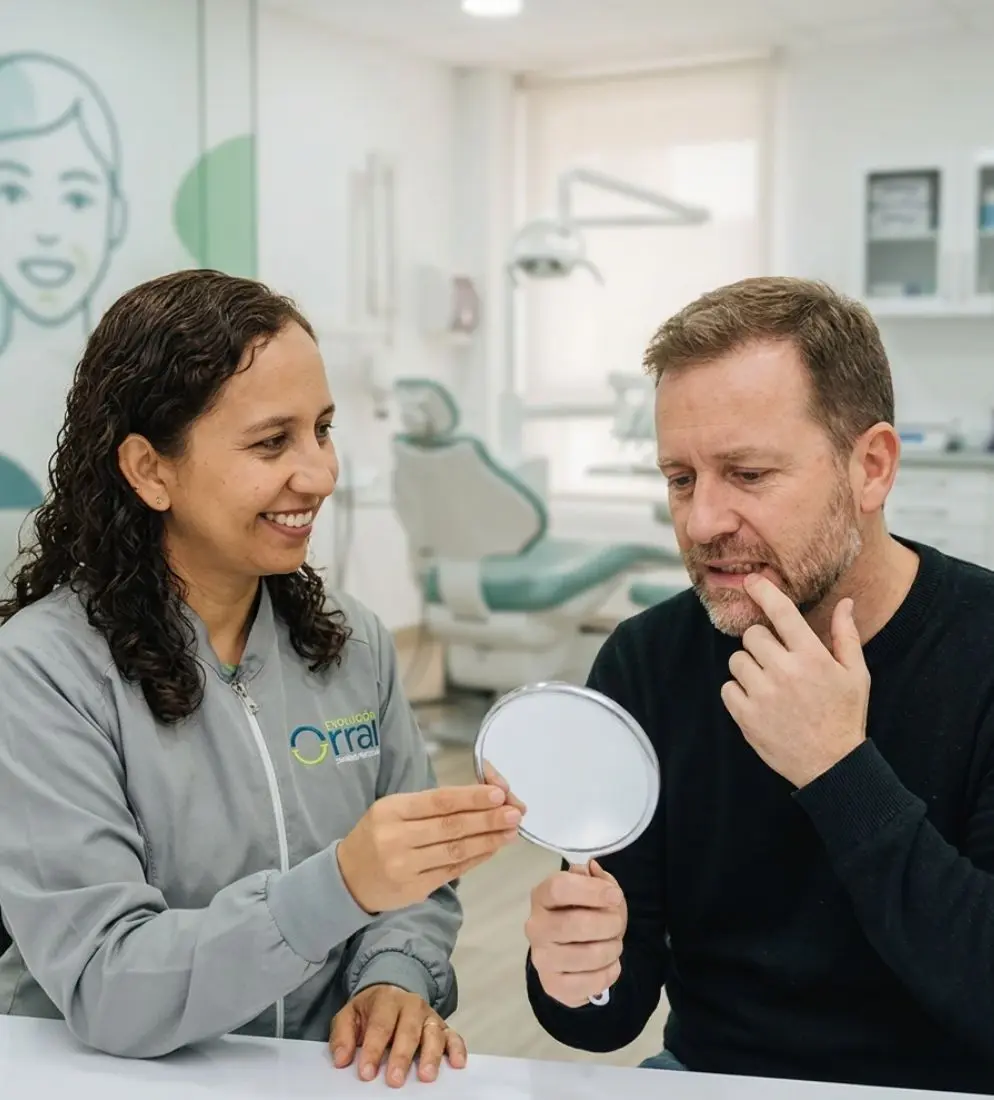 Paciente observando su sonrisa en un espejo mientras doctora evalúa ortodoncia en clínica Evolución Oral