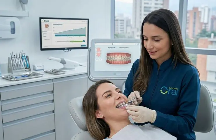 Ortodoncista en Medellín ajustando alineación dental a paciente en clínica Evolución Oral