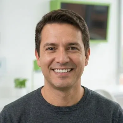 Paciente con dientes fijos sobre implantes dentales en Medellín sonriendo con confianza