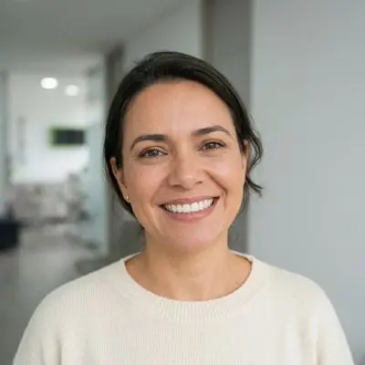 Paciente feliz con nueva sonrisa después de implantes dentales en Medellín