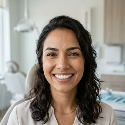 Mujer sonriendo después de realizarse una limpieza dental en Medellín
