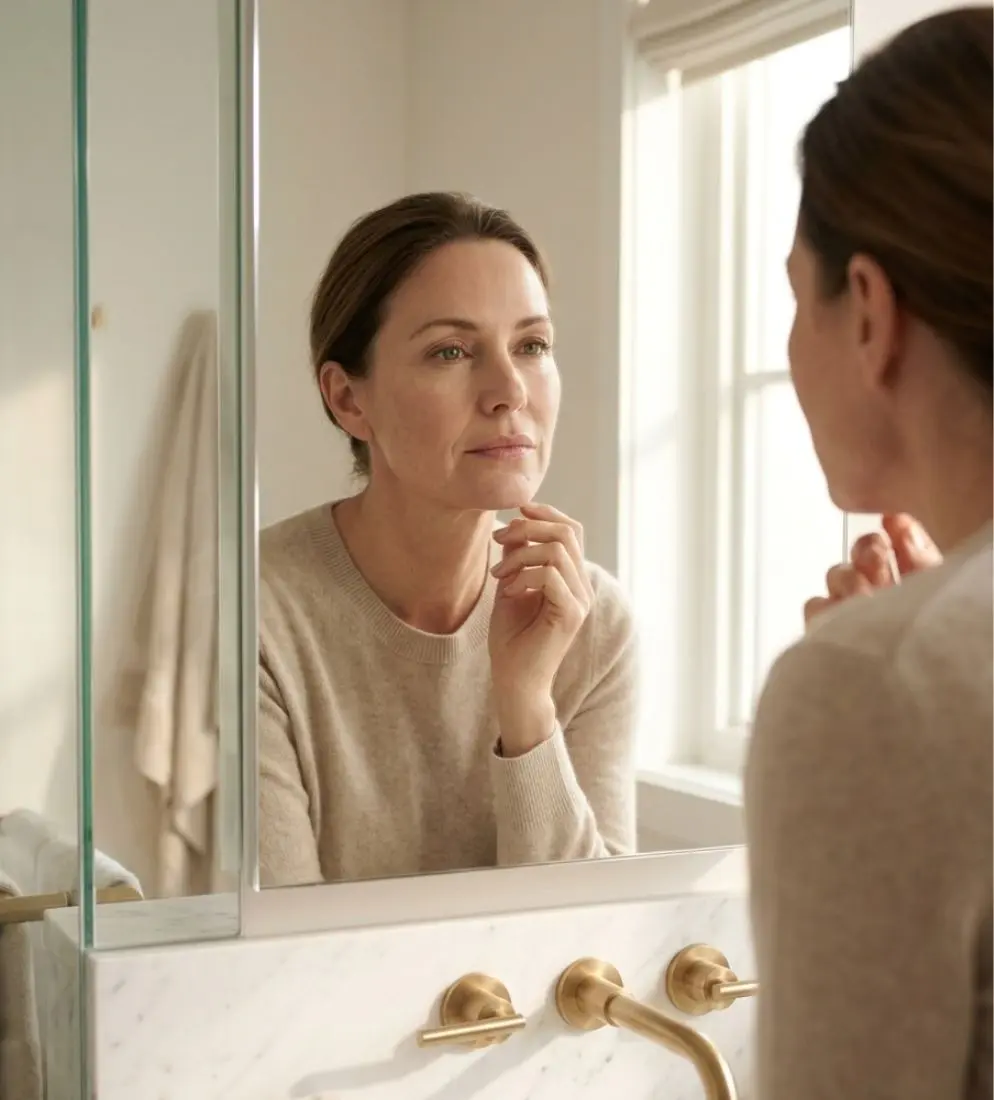 Mujer observando leves signos de flacidez facial frente al espejo antes de realizarse un tratamiento de endolifting.