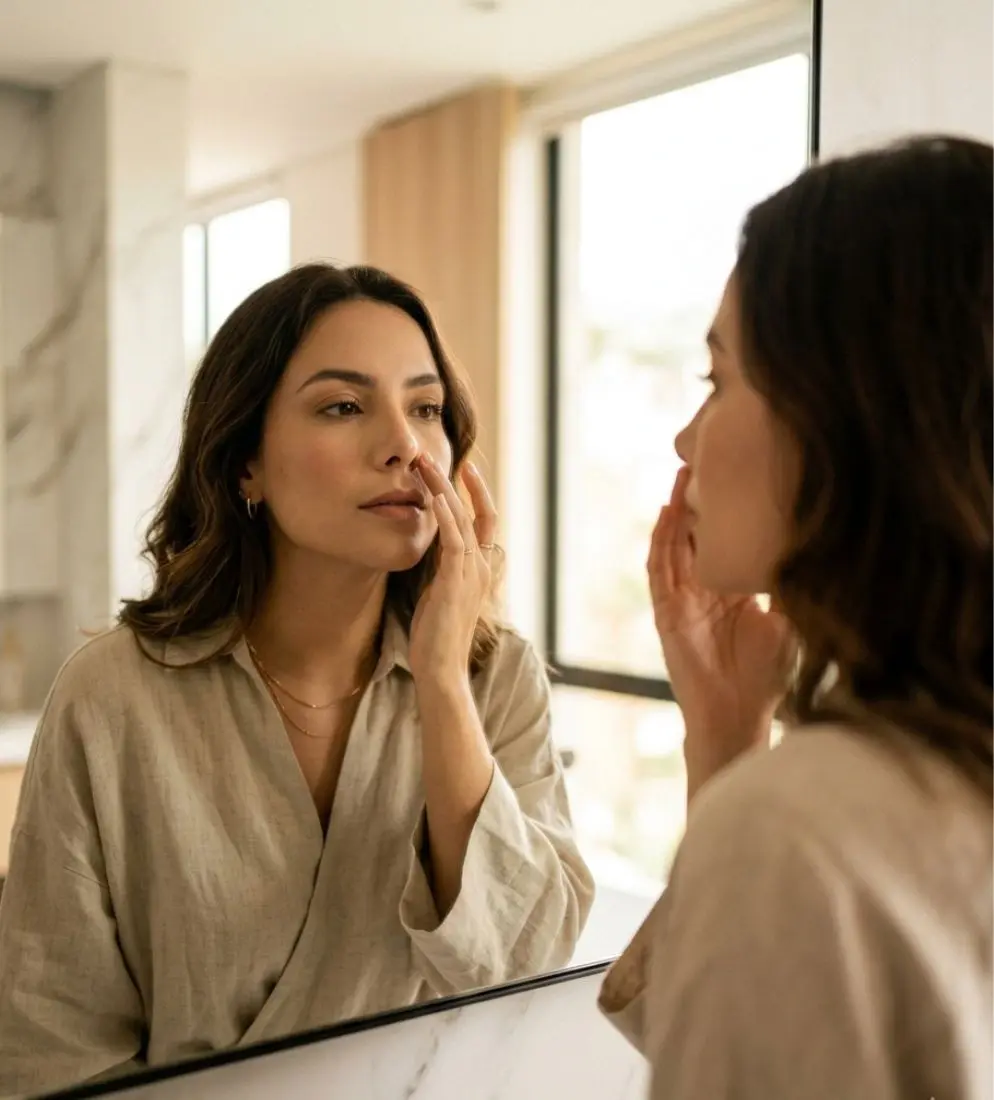 Mujer observando la forma de su nariz frente al espejo con expresión pensativa en ambiente elegante