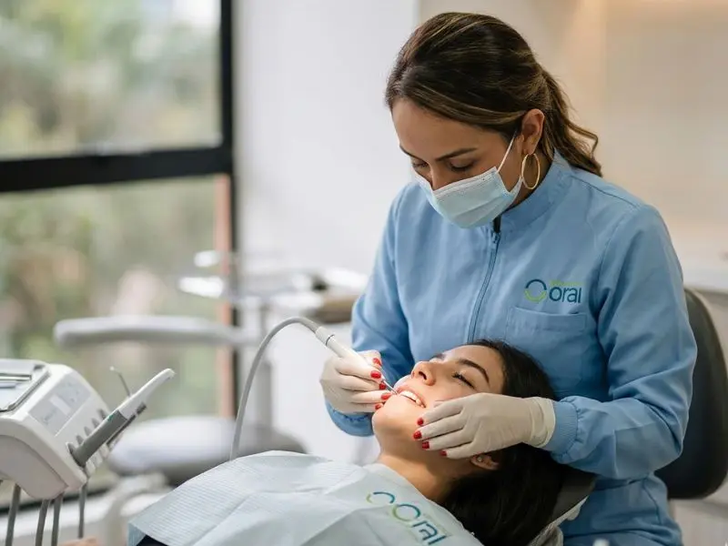 Odontóloga realizando limpieza dental profesional en Medellín