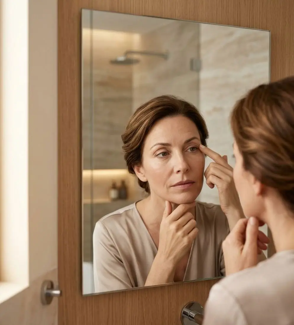Mujer observando sus párpados frente al espejo antes de realizarse una blefaroplastia estética.