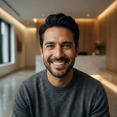 Paciente masculino sonriendo después de un diseño de sonrisa natural en Medellín