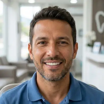 hombre sonriendo con dientes blancos despues de blanqueamiento dental