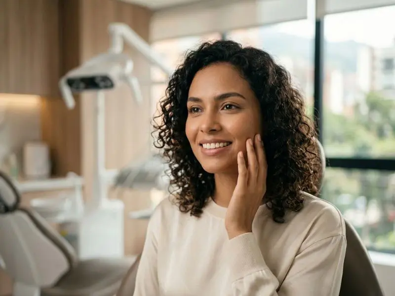 Paciente con sonrisa saludable después de limpieza dental en Medellín