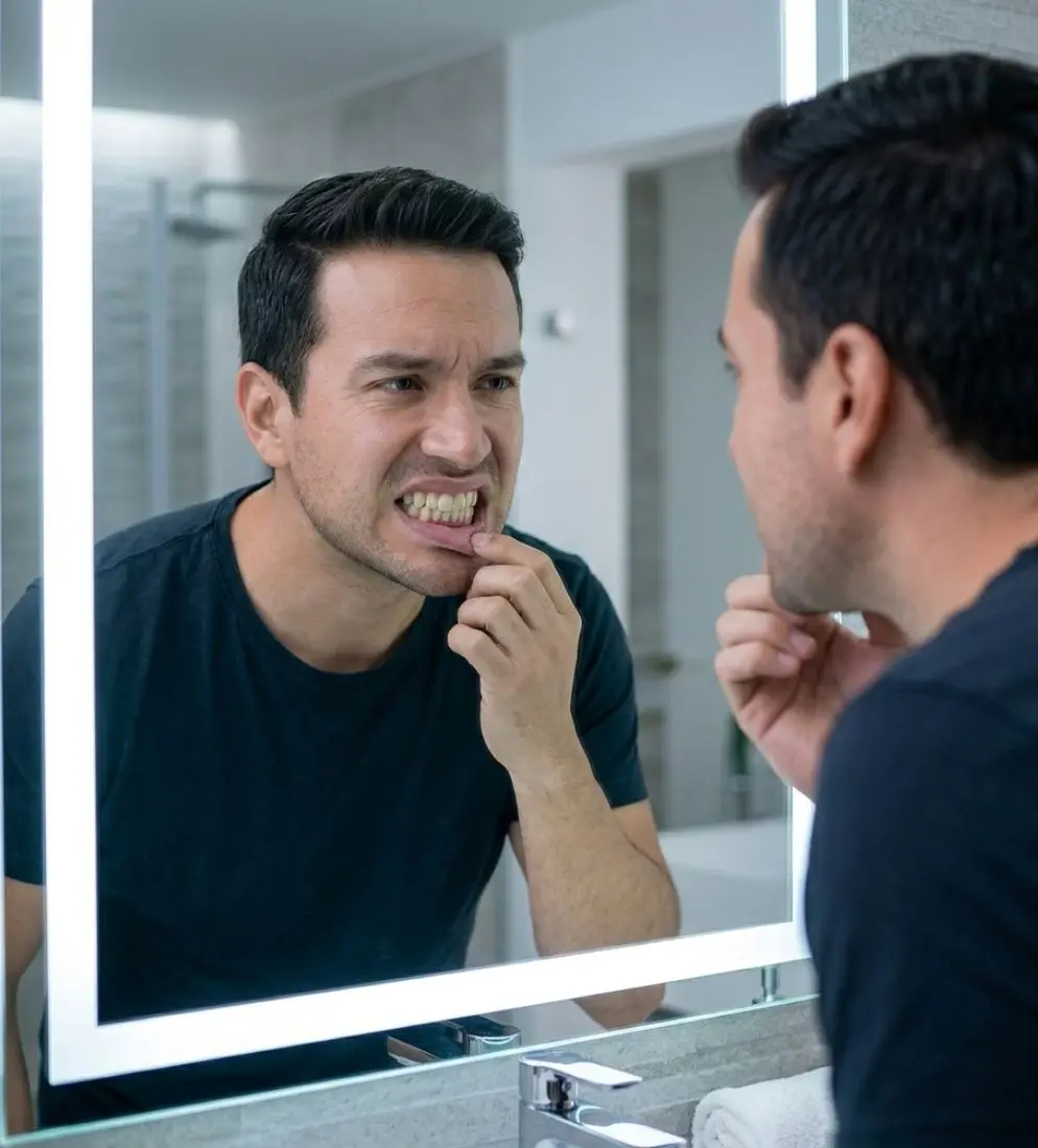 paciente observando dientes con tono amarillento y sonrisa sin brillo