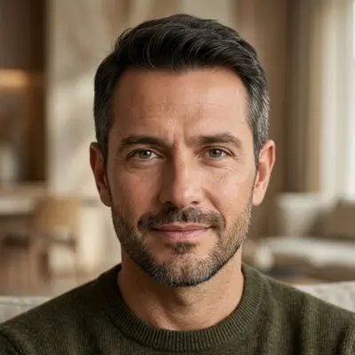 Hombre sonriendo con mirada rejuvenecida después de una blefaroplastia estética.