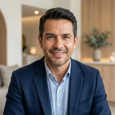 Hombre sonriendo con seguridad después de un tratamiento de endolifting facial natural.