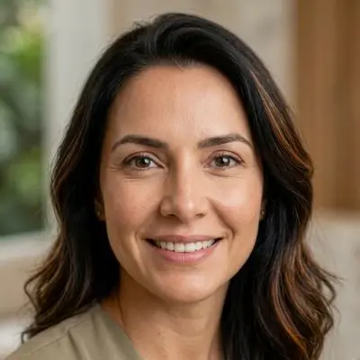 Paciente sonriendo después de blefaroplastia con mirada fresca y natural.