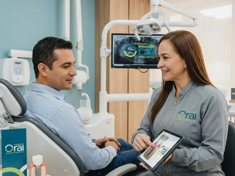 Odontólogo explicando tratamiento de implantes dentales a paciente en Medellín