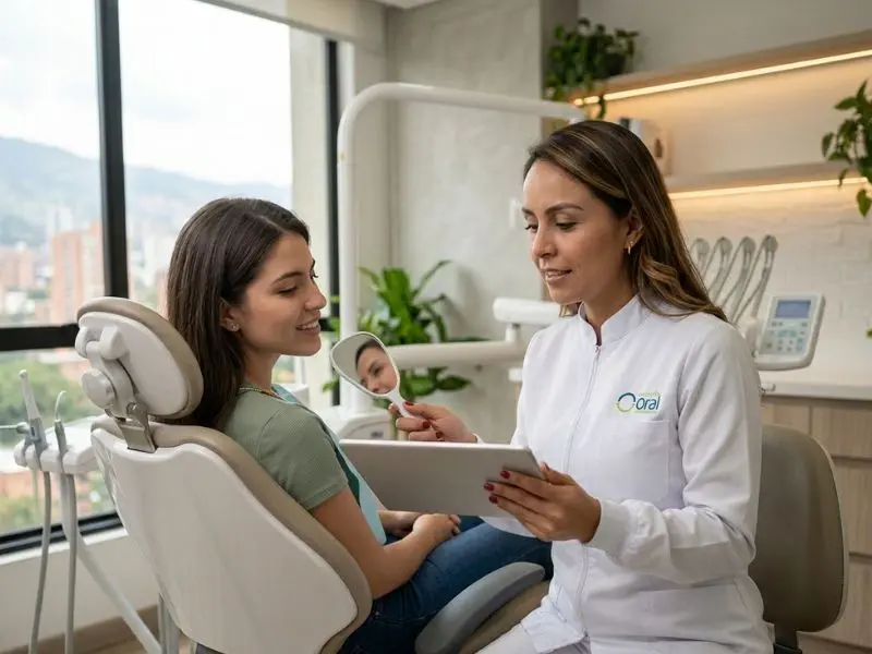 Odontóloga realizando valoración preventiva para limpieza dental en Medellín