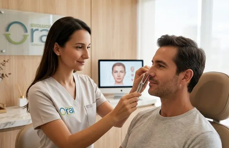 Doctora de Evolución Oral realizando valoración estética nasal a paciente antes de una alectomía.