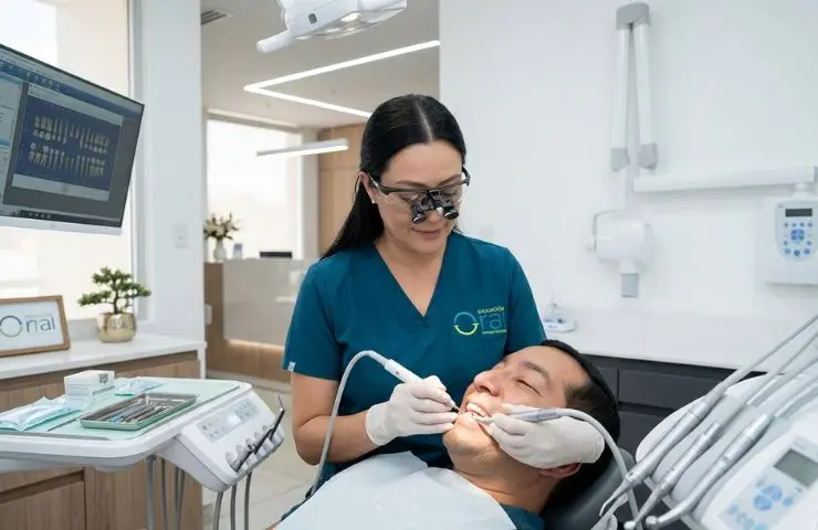Doctora realizando limpieza dental profesional a paciente en clínica Evolución Oral.
