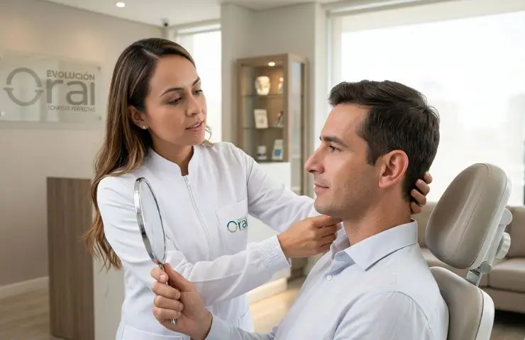 Doctora de Evolución Oral realizando valoración estética de las orejas a un paciente antes de una otoplastia.