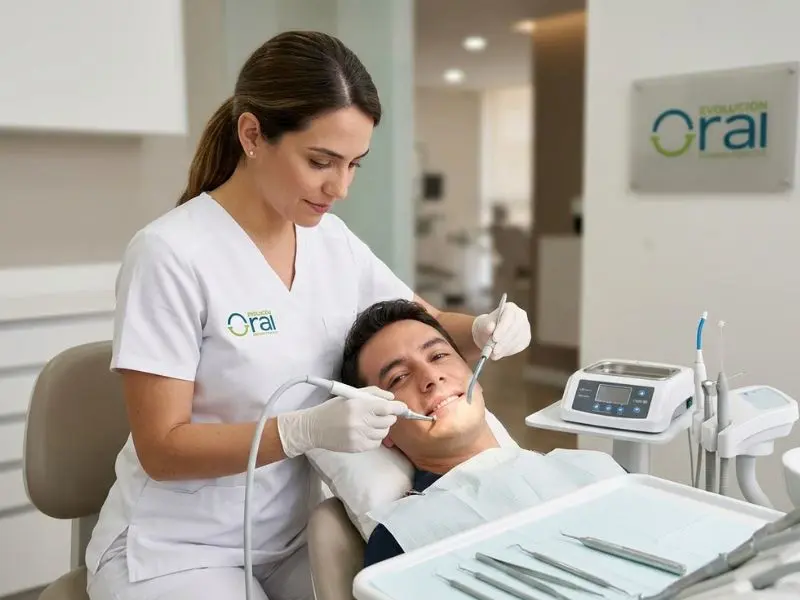 Odontóloga realizando profilaxis dental profesional en Medellín